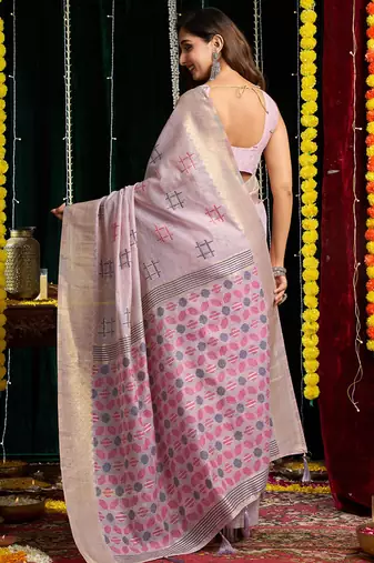 Lavender handloom cotton blend geometric threadwork saree with blouse piece