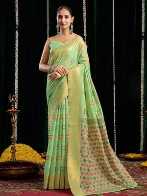 Light green handloom cotton blend geometric threadwork saree with blouse piece 1