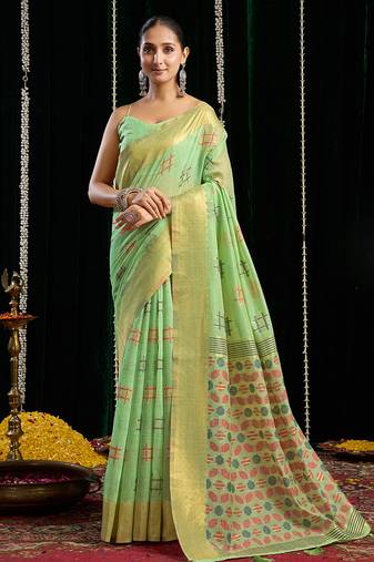Light green handloom cotton blend geometric threadwork saree with blouse piece