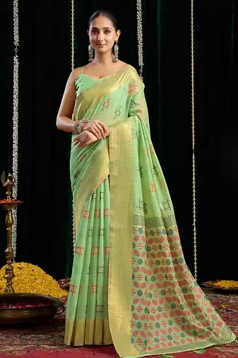 Light green handloom cotton blend geometric threadwork saree with blouse piece