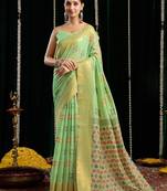Light green handloom cotton blend geometric threadwork saree with blouse piece