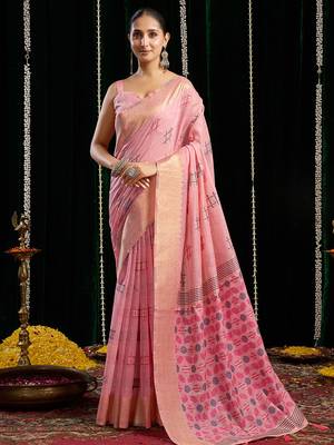 Pink handloom cotton blend geometric threadwork saree with blouse piece 1