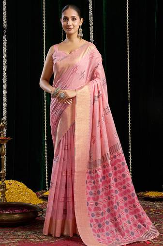 Pink handloom cotton blend geometric threadwork saree with blouse piece