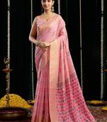 Pink handloom cotton blend geometric threadwork saree with blouse piece
