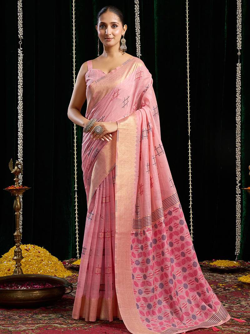 Pink handloom cotton blend geometric threadwork saree with blouse piece