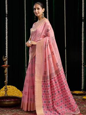 Pink handloom cotton blend geometric threadwork saree with blouse piece 2