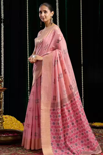 Pink handloom cotton blend geometric threadwork saree with blouse piece