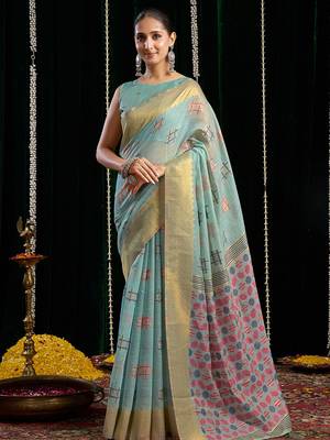Sky blue handloom cotton blend geometric threadwork saree with blouse piece 1