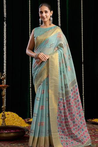Sky blue handloom cotton blend geometric threadwork saree with blouse piece