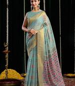 Sky blue handloom cotton blend geometric threadwork saree with blouse piece