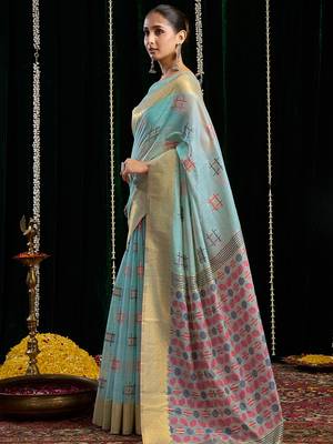 Sky blue handloom cotton blend geometric threadwork saree with blouse piece 2
