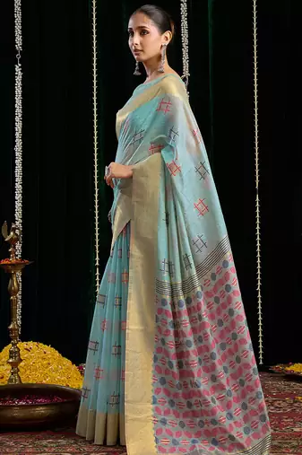 Sky blue handloom cotton blend geometric threadwork saree with blouse piece