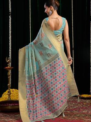 Sky blue handloom cotton blend geometric threadwork saree with blouse piece 3