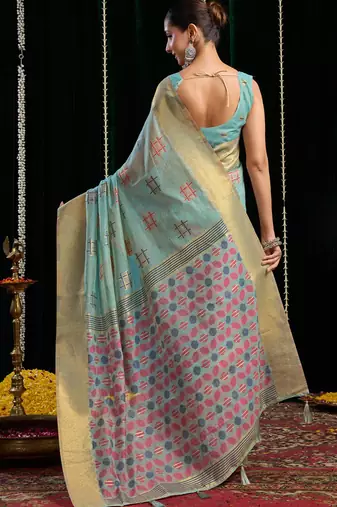 Sky blue handloom cotton blend geometric threadwork saree with blouse piece
