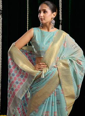 Sky blue handloom cotton blend geometric threadwork saree with blouse piece 4