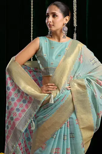 Sky blue handloom cotton blend geometric threadwork saree with blouse piece