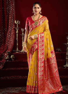 Mustard soft banarasi silk blend zari woven saree with blouse piece 1
