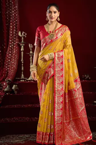 Mustard soft banarasi silk blend zari woven saree with blouse piece