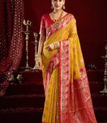 Mustard soft banarasi silk blend zari woven saree with blouse piece