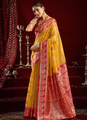 Mustard soft banarasi silk blend zari woven saree with blouse piece 2