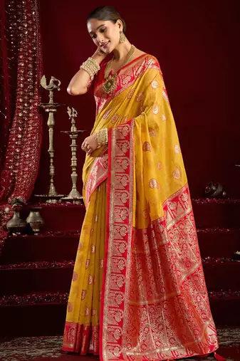 Mustard soft banarasi silk blend zari woven saree with blouse piece