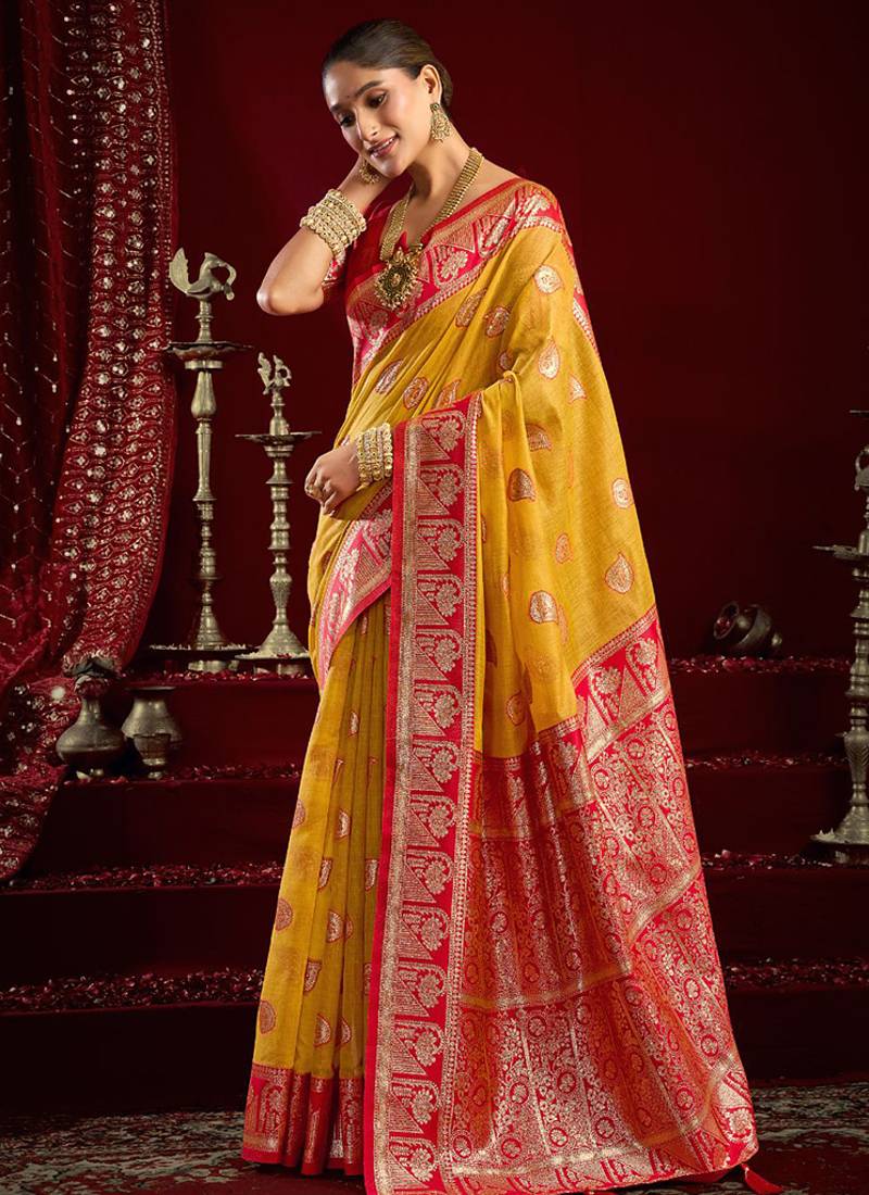 Mustard soft banarasi silk blend zari woven saree with blouse piece