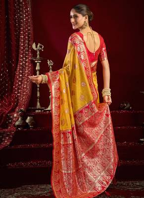 Mustard soft banarasi silk blend zari woven saree with blouse piece 3
