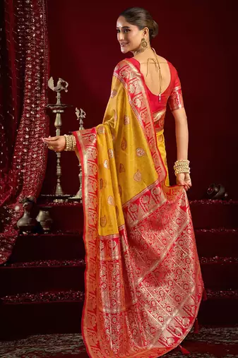 Mustard soft banarasi silk blend zari woven saree with blouse piece