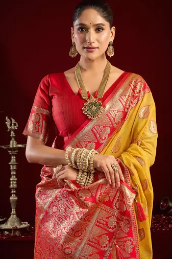 Mustard soft banarasi silk blend zari woven saree with blouse piece
