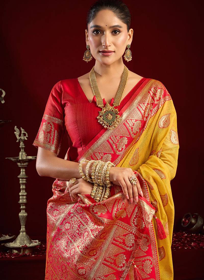 Mustard soft banarasi silk blend zari woven saree with blouse piece