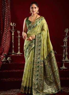 Light green soft banarasi silk blend zari woven saree with blouse piece 1
