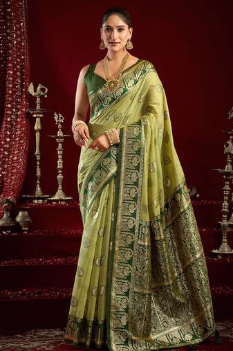 Light green soft banarasi silk blend zari woven saree with blouse piece