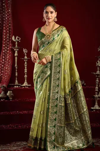 Light green soft banarasi silk blend zari woven saree with blouse piece