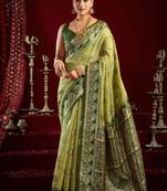 Light green soft banarasi silk blend zari woven saree with blouse piece