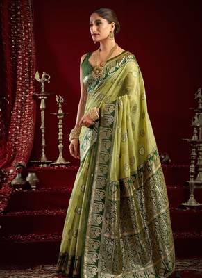 Light green soft banarasi silk blend zari woven saree with blouse piece 2
