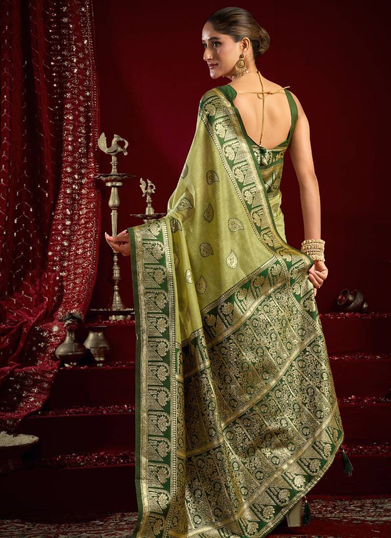 Light green soft banarasi silk blend zari woven saree with blouse piece