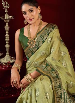 Light green soft banarasi silk blend zari woven saree with blouse piece 4