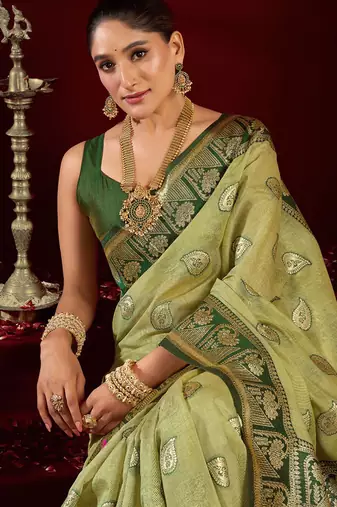 Light green soft banarasi silk blend zari woven saree with blouse piece