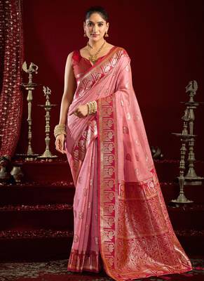 Light pink soft banarasi silk blend zari woven saree with blouse piece 1