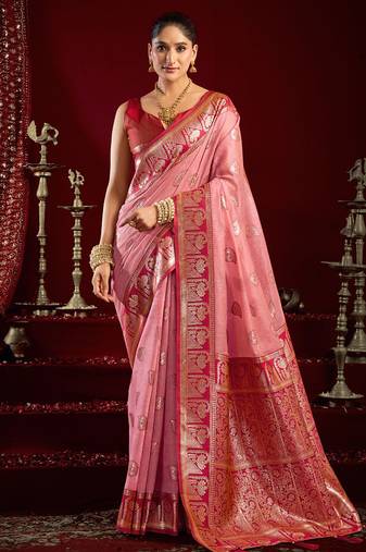 Light pink soft banarasi silk blend zari woven saree with blouse piece