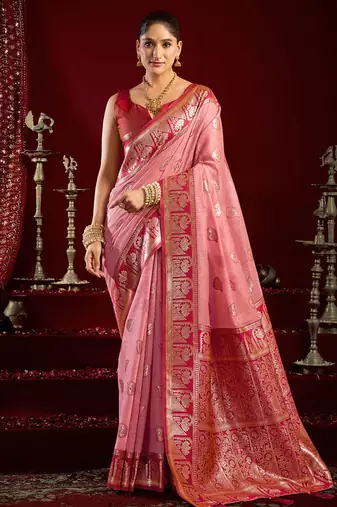 Light pink soft banarasi silk blend zari woven saree with blouse piece