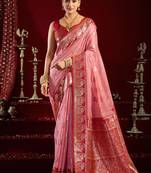 Light pink soft banarasi silk blend zari woven saree with blouse piece