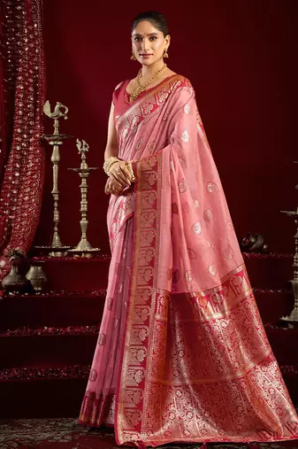 Light pink soft banarasi silk blend zari woven saree with blouse piece