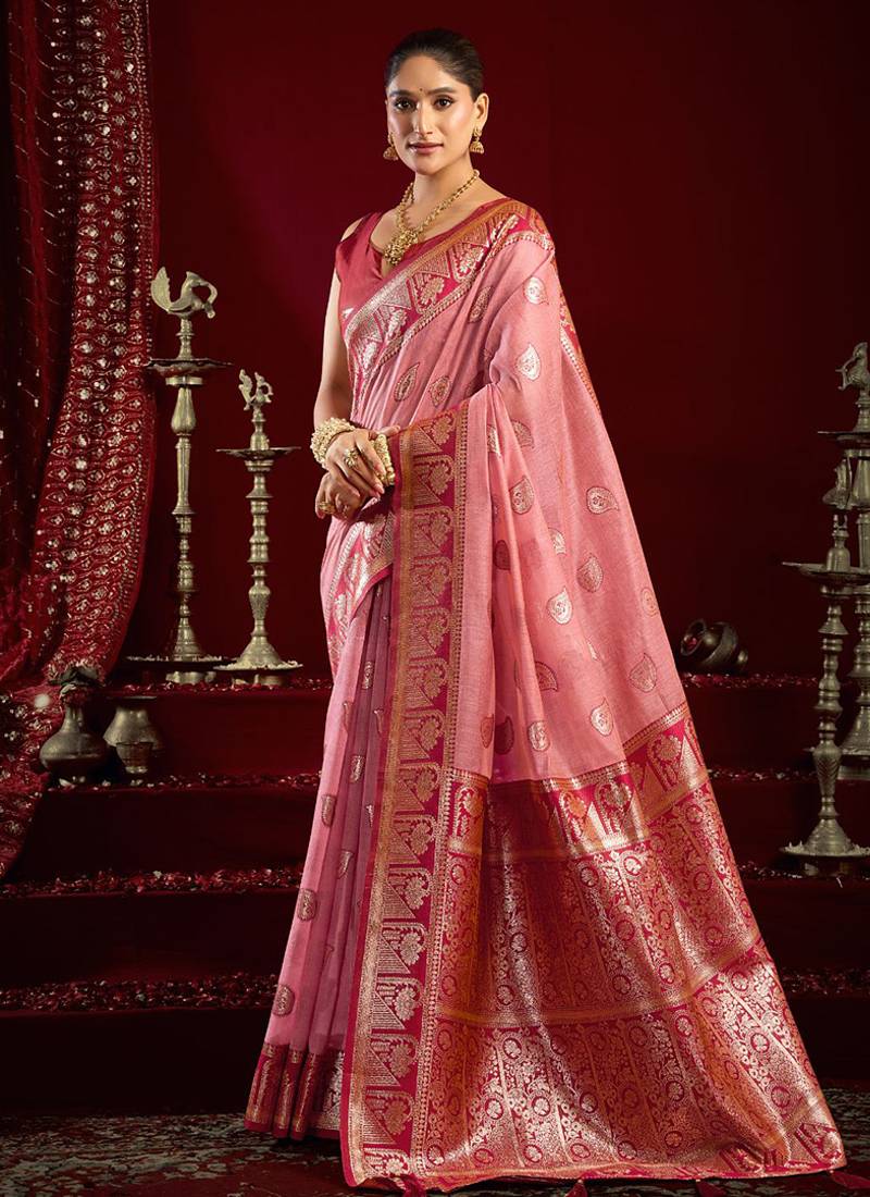 Light pink soft banarasi silk blend zari woven saree with blouse piece