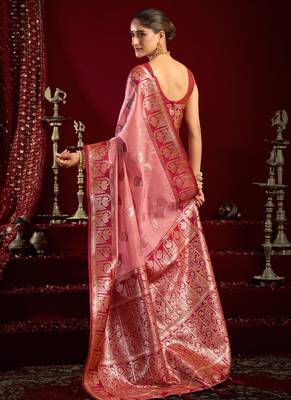 Light pink soft banarasi silk blend zari woven saree with blouse piece 3