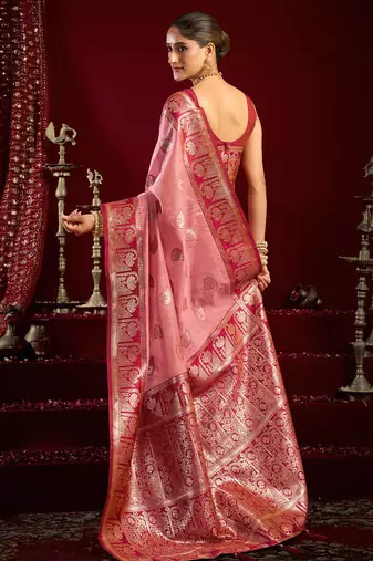 Light pink soft banarasi silk blend zari woven saree with blouse piece