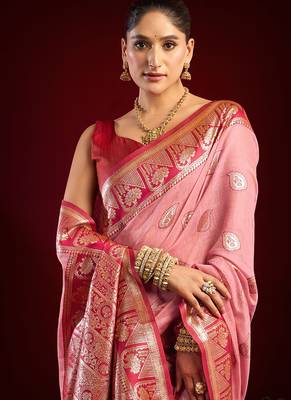 Light pink soft banarasi silk blend zari woven saree with blouse piece 4