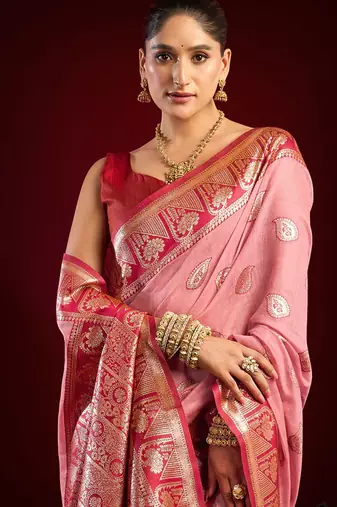 Light pink soft banarasi silk blend zari woven saree with blouse piece
