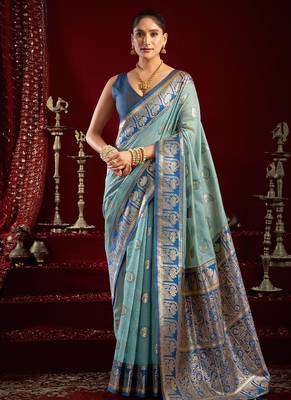Light blue soft banarasi silk blend zari woven saree with blouse piece 1