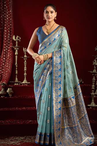 Light blue soft banarasi silk blend zari woven saree with blouse piece
